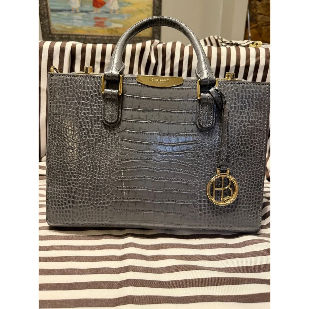 Henri Bendel Grey Crocodile Embossed Leather Satchel Handbag Gold Hardware